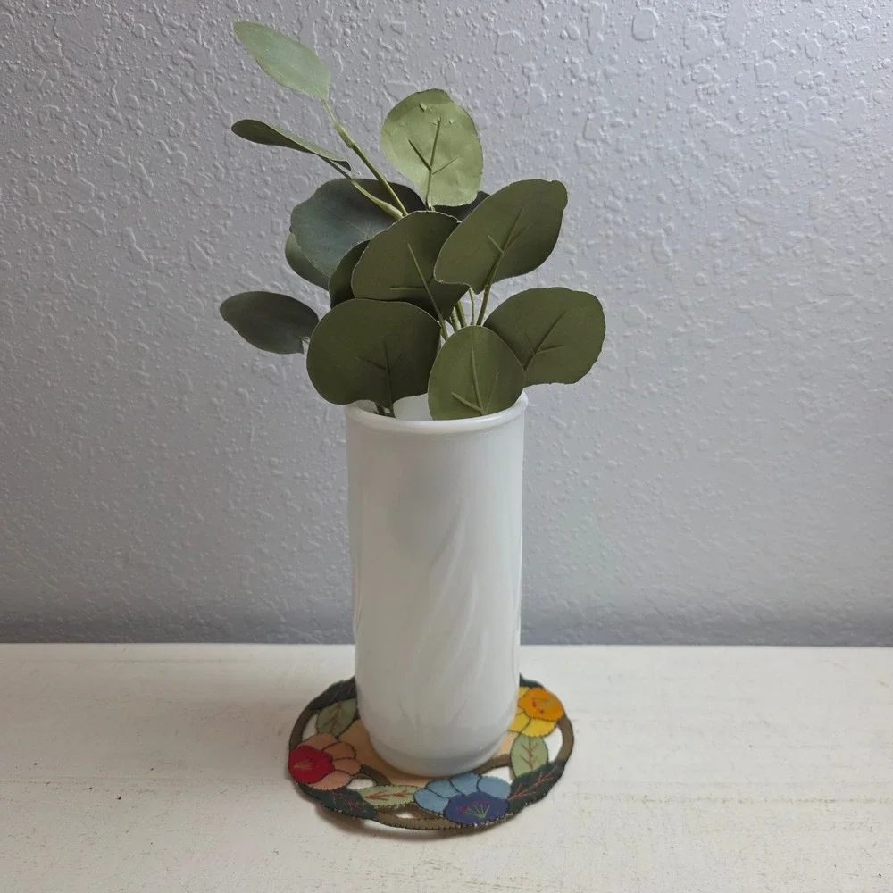 Vintage White‎ Milk Glass Swirl Flame Cylinder Vase Mid Century Modern Decor